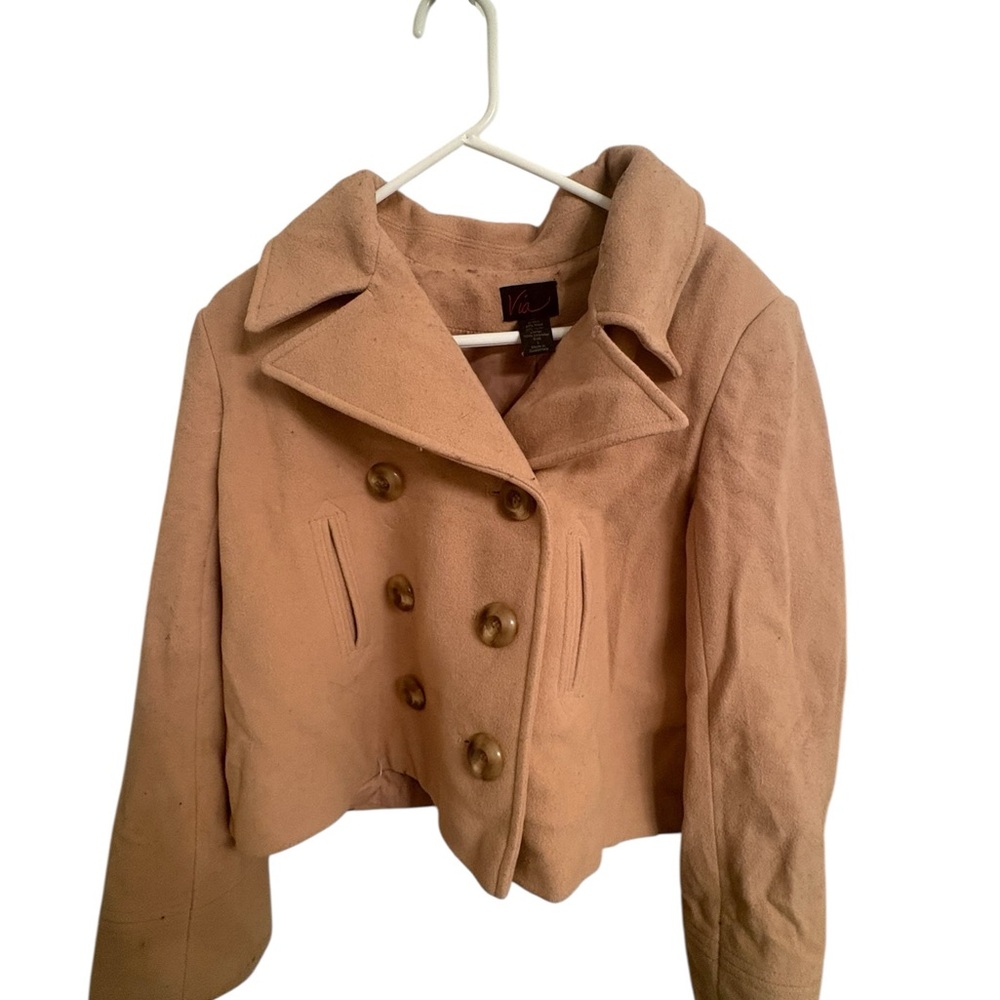Women's Double-Breasted Cropped Wool Blend Jacket - Camel